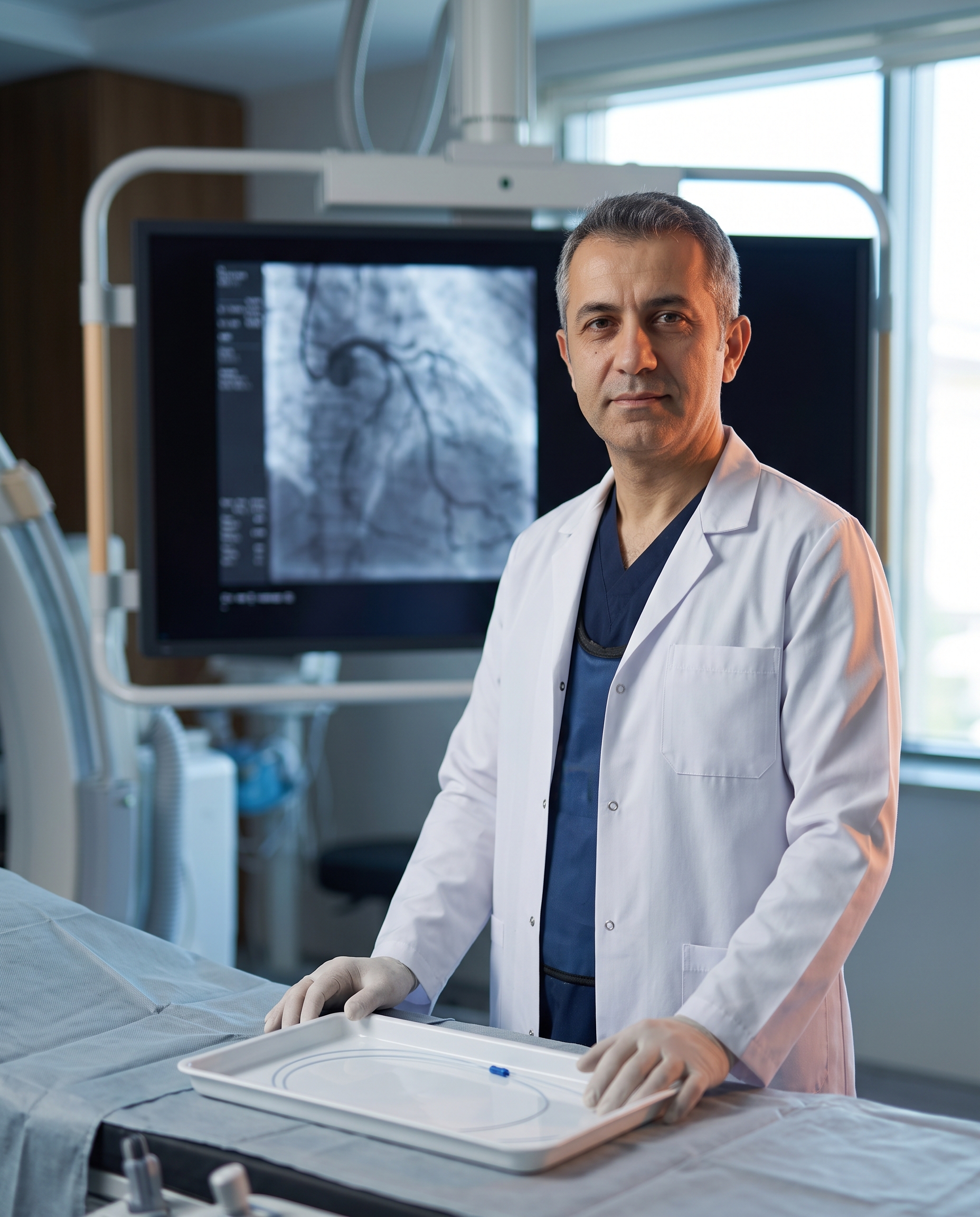 Prof. Dr. Kerem Ünsal kateter laboratuvarında, arkasında koroner anjiyografi görüntüsü.